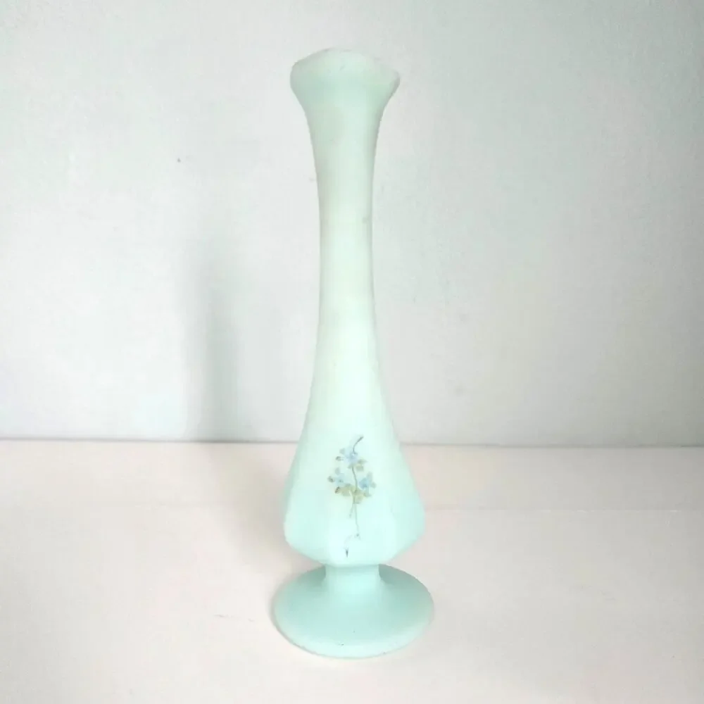 Vintage Fenton Bud Vase Blue Roses Hand Painted Satin Glass Artist Signed MCM